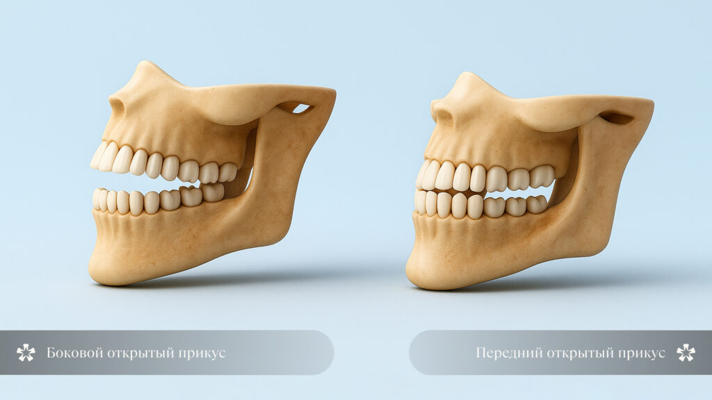передний и боковой виды открытого прикуса у взрослого, визуальное отображение нарушения смыкания зубов
