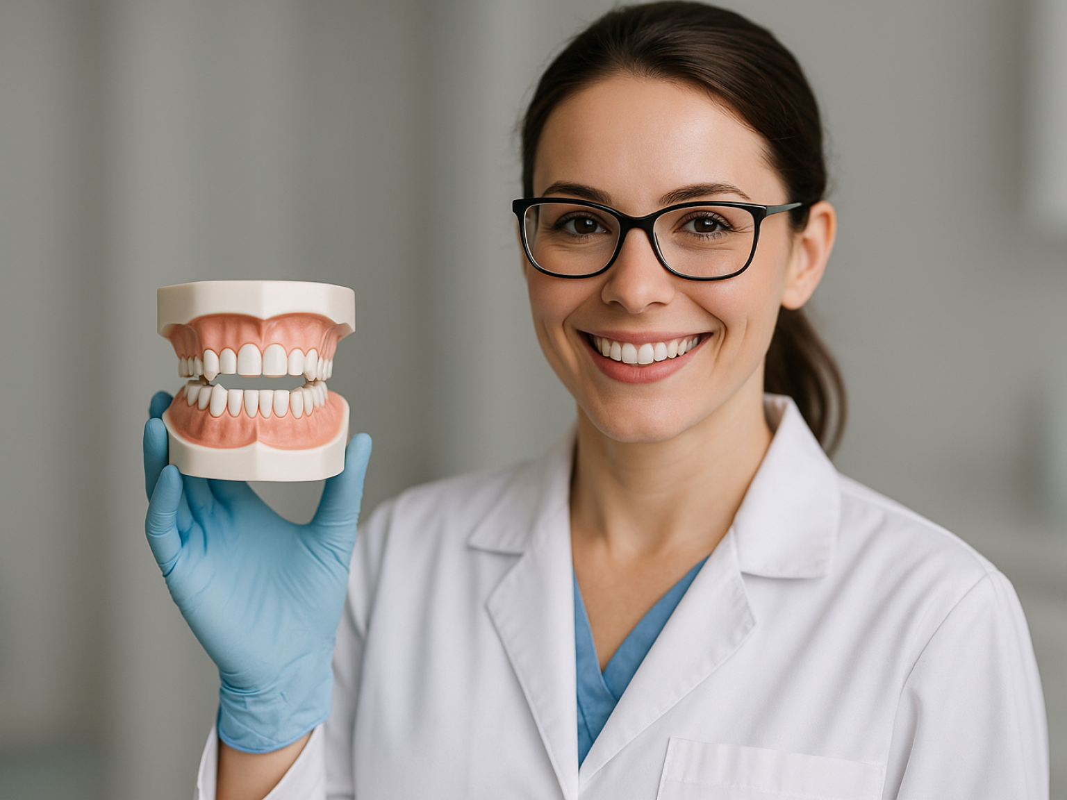 женщина держит слепок открытого прикуса, наглядная демонстрация нарушения смыкания зубов