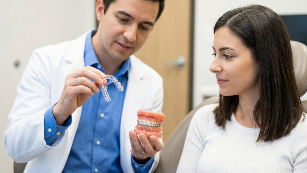 Стоматолог показывает пациентке элайнеры и модель зубов с брекетами