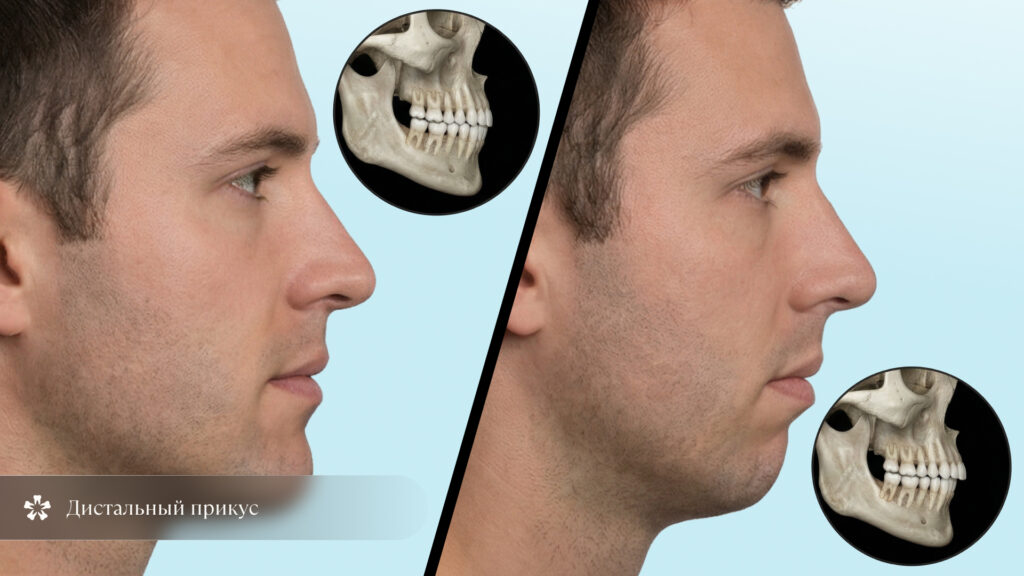 Профиль мужчины с дистальным прикусом до и после коррекции с рентгеновскими снимками челюсти 
