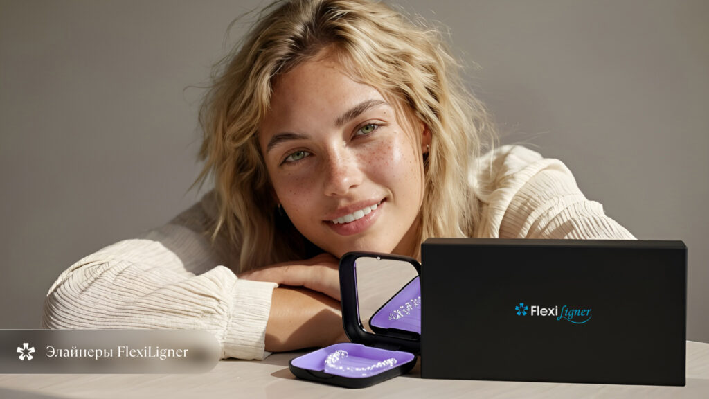 Медицинская иллюстрация в профиль показывает череп и мягкие ткани лица с брекет-системой и фиксирующими пластинами/винтами на челюстях, демонстрируя назначение хирургического лечения — изменение положения челюстей для исправления выраженных нарушений прикуса.