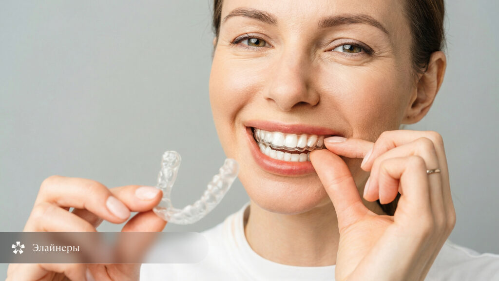 Иллюстрация использования прозрачных элайнеров для исправления глубокого прикуса 
