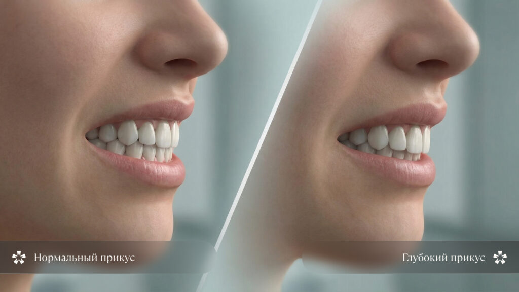 Иллюстрация сравнения нормального и глубокого прикуса в боковой проекции улыбки 