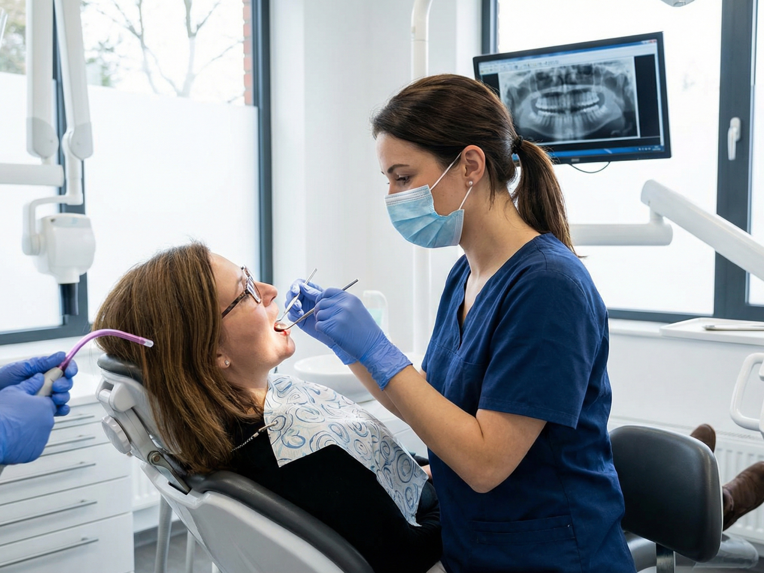 Иллюстрация комплексного стоматологического приёма с осмотром зубов и обсуждением плана лечения прикуса