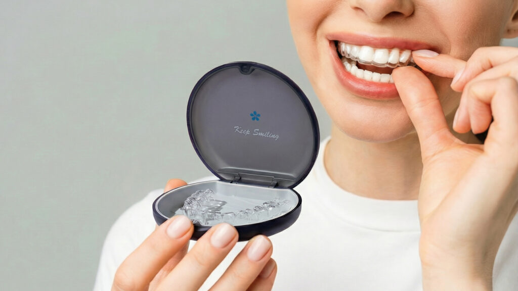 Девушка надевает прозрачный элайнер на зубы и держит футляр FlexiLigner