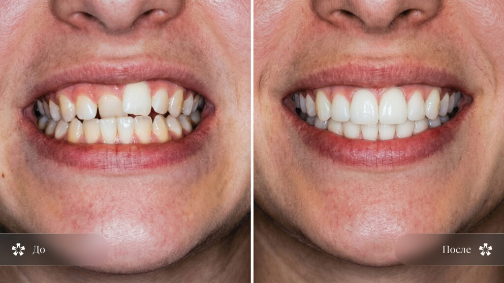 Иллюстрация результата ортодонтического лечения: сравнение улыбки до и после выравнивания зубов