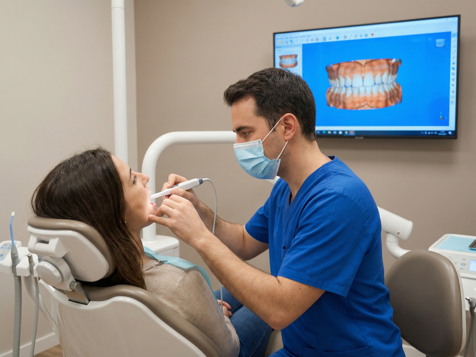 Иллюстрация диагностики прикуса и 3D-сканирования зубов на приёме у стоматолога